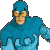 A 4-frame contact sheet of a blue cartoon character with yellow goggles in various poses, displayed on a gray background.