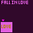 A 3x3 contact sheet of seven animated frames from a pixel-art buddy icon featuring pink and cyan text, stick figures, hearts, and falling green/yellow particles against a dark purple background with gray transparency at the bottom.