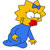 Pixelated character with yellow hair, blue dress, red mouth, and blue bow on head, standing against white background.