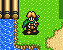 Pixel art character with blonde hair and green scarf stands on grassy terrain beside a waterfall, holding a bow.