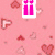 Pink background with scattered heart shapes and a pink gift box icon at top center.