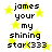 Pixelated text reads 'james your my shining star<333' over a white background with yellow stars, with visible animation changes between frames.