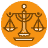 Pixelated icon of a justice scale on an orange circular background with white border.