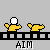 Pixel art animation of a yellow figure with white head performing actions , including aiming, assembling, and line formation, with text labels beneath each sequence