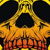 Pixelated skull icon with fiery orange-yellow gradient, black eye sockets and nasal cavity, visible teeth, and partial text at the bottom.