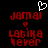 Pixelated red text 'jamai', 'lagika', 'hever' with a small red heart above 'lagika', and a white heart outline above 'jamai' on black background.