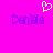 A static pixel art image with a bright pink background, displaying two identical purple text labels and one white heart symbol above them.