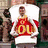 Pixelated image of a person in a red jersey holding a sign with 'OU' on it, next to blue text reading 'Justin is so right for me!!!!'