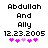 Pixelated text displays 'Abdullah And Ally 12.23.2005' with pink and purple asterisks below, showing two animation frames where the third asterisk shifts from light to dark pink.