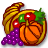 Pixelated icon of a cornucopia filled with fruits and vegetables including grapes, cherries, and an orange pumpkin-like shape.