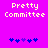 Pixelated text 'Pretty Committee' in yellow on bright pink background with blue and purple star-like shapes below.