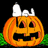 Pixelated orange pumpkin with carved face, white ghost on top, green grass base, and "Happy Halloween!" text in yellow-orange pixels.