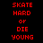 Red pixelated text "SKATE HARD OR DIE YOUNG" arranged in a with blue highlighted sections on black background