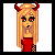 Pixelated character with long blonde hair, red horns, and a red dress against white background.