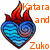 Pixelated icon with blue heart, red flames, and orange text 'Katar and Zuko' on white background; green text 'Sokka and Toph' next to gray sword image.