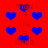 Red background with blue heart shapes and repeated text 'mav + liv = 4eva' in red pixelated font.