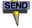 A pencil with a blue rectangular top displays changing text above it, alternating between 'SEND' and 'EMAIL' in black capital letters.