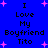 Blue background with pink starbursts and black pixelated text reading "I Love My Boyfriend Tito" repeated twice in a