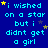 Blue background with repeated cyan text 'i wished on a star but i didnt get a girl' and scattered yellow/grey stars, one grey rectangle in bottom-right corner.