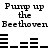 Pixelated black text and musical notation on white background, repeating 'Pump up the Beethoven' with rhythmic symbols.