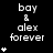 Pixelated text 'bay & alex forever' with increasing star counts on black background, gray rectangle in bottom-right corner.