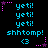 Pixelated text and symbols on black background with cyan, pink, purple elements; repeated 'yeti!' lines above 'shhtomp!' and '<3' below.