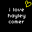 Yellow pixelated heart symbol above white text reading 'i love hayley comer' on black background.