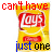 Yellow bag of Lay's potato chips with red 'Lay's' logo, overlaid text in red and blue pixelated fonts.