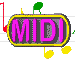 Animated sequence of six 'MIDI' icons on a gray background with musical notes and stems, each icon featuring pink text in a yellow-bordered rounded rectangle.