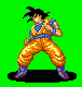 Pixel art character in orange and blue outfit with black hair, shown in two side-by-side poses against green background.