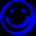 Blue pixelated smiley face icon with circular head and vertical body, displayed in three side-by-side views showing rotation from front to profile.