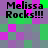 Pixelated text "Melissa Rocks!!!" appears in four identical quadrants on a checkered background of purple, green, and gray squares.