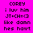Pixelated text on a split background with pink and red sections, displaying 'COREY i luv him JT+CH=<3 like damn hes hawt' in black block letters.