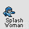 A 5x5 contact sheet of pixel art frames showing a blue cartoon character named Splash Woman performing various actions with water effects and expressions, displayed on a gray background.