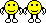 Yellow pixelated smiley faces with black limbs and white shoes, arranged in three against a gray background