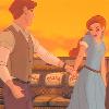 A static image shows two figures holding hands against a warm orange-yellow background with a wooden railing.