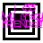 Four black-and-white square frames with layered borders, each containing distorted pink text and numbers over a pixelated background.