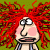 Pixelated character with red spiky hair, pink cheeks, and a blue strap shirt against green background.