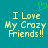 A static pixel art image with teal background, yellow text reading "I Love My Crazy Friends!!" and a green heart symbol above the text.