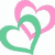 Three overlapping hearts in pink and green on white background, with a heart drawn in sand, hands forming a heart shape, playing cards spelling LOVE, two apples, and blue neon hearts.