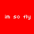 Four square display the text 'im so fly' in white pixelated font against solid red, purple, blue, and magenta backgrounds