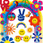 Pixelated collage of peace signs, smiley faces, rainbows, and flowers in bright colors with 'Peace', 'and', 'Love' text.