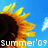 Pixelated sunflower with yellow petals and dark brown center against blue sky background, text 'Summer'09' in white block letters at bottom.