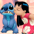 Static pixelated image of a blue cartoon alien and a girl in pink embracing on a light pink background.