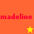 Pixelated red text 'madeline' on orange and yellow background with two star icons, one yellow above a yellow section and one pink below.