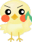 Pixelated yellow chick with black eyes, orange beak, red cheeks, and green wing detail, standing on two legs against gray background.