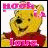 A cartoon bear with a red shirt and pink flower headband appears in four with changing text and color variations