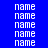 pixelated 'name' text repeated across four quadrants with varying blue backgrounds