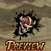 Pixel art of a stylized skull with red and yellow accents on a black splatter, set against a muted brown background with the word "PREVIEW" in bold yellow letters below.