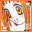 Pixelated anime-style character with brown hair and orange clothing, holding a white object against an orange background.